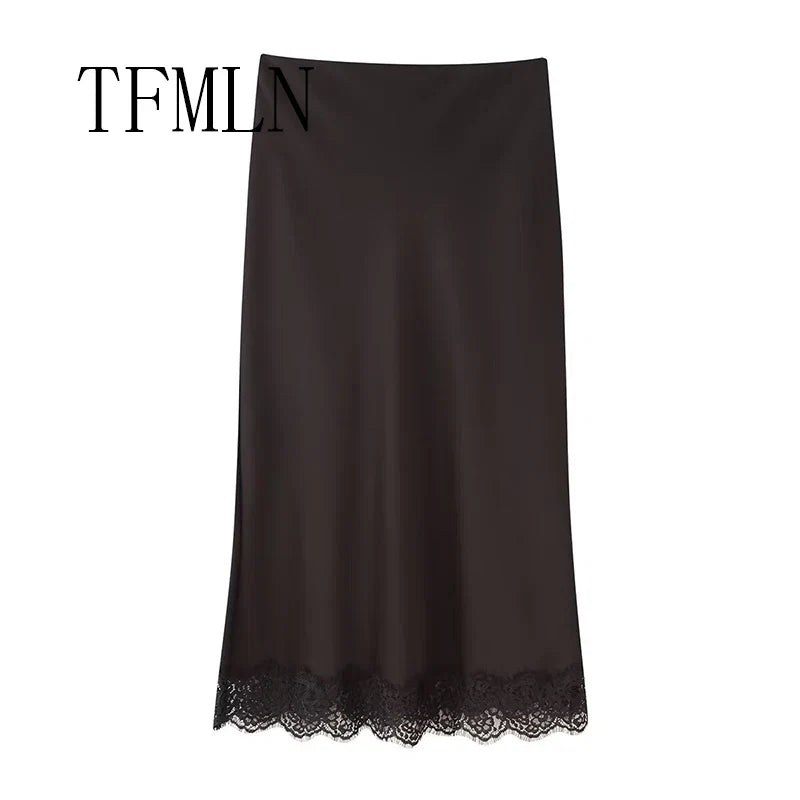 TFMLN Elegant Lace Splice Satin Half Skirt Women's Fashion Wrap Around Long Skirt High Quality Feel New 2025 Style