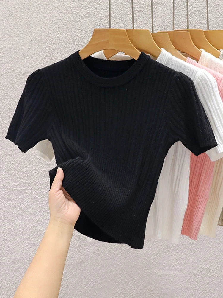 2026 Summer T shirts for Women Casual Female Korean Knit Streetwear Tees Basic Solid Young Cool Tops
