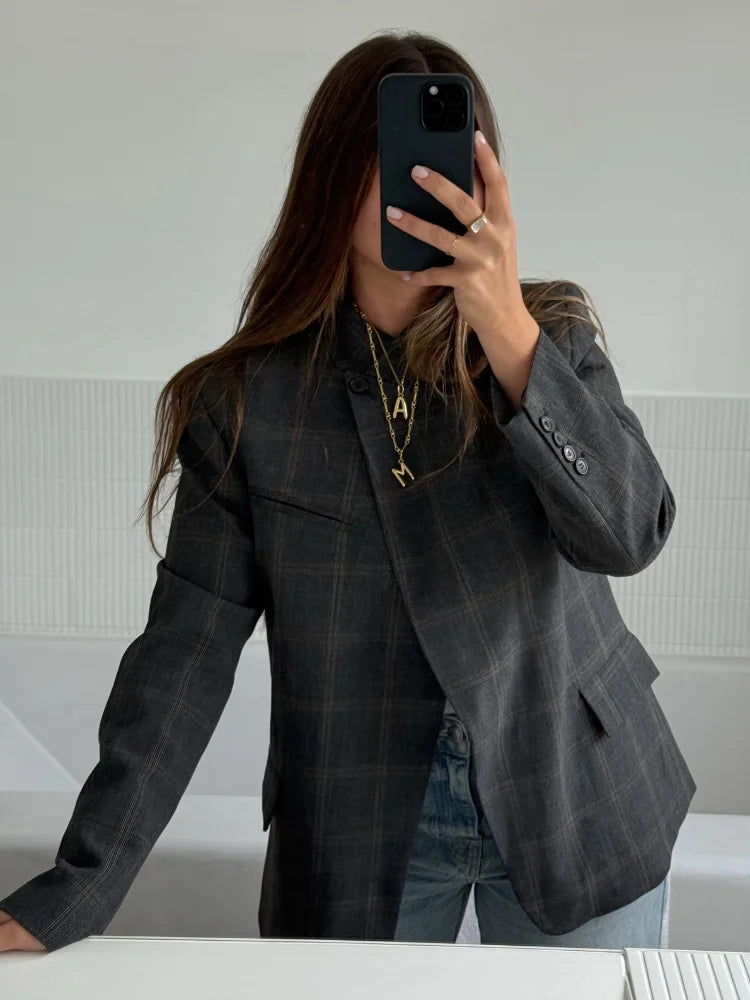 Women Irregular Plaid Blazer Jacket Stand Collar Full Sleeve Split Loose Short Jackets 2026 Fashion Lady Daily Commute Outwears