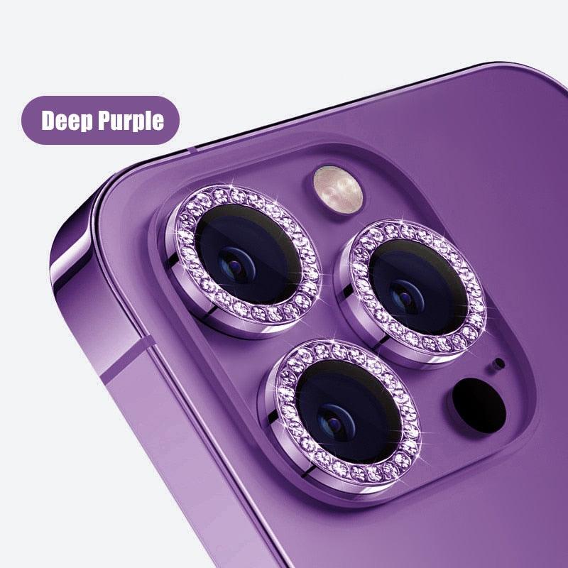 Glitter Diamond Rhinestones Metal Ring Camera Tempered Glass For iPhone 11 12 13 14 Pro Max Mini Plus Lens Protector Full Cover 9H Tempered Glass Camera Lens Protector Metal Single Ring Full Coverage Camera Lens Protector by Stevvex