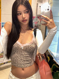 Hugcitar Fashion Leopard Print Slips Patchwork Lace Bow Sexy Slim Crop Camis Top Summer Women Festival Party Clothes Streetwear
