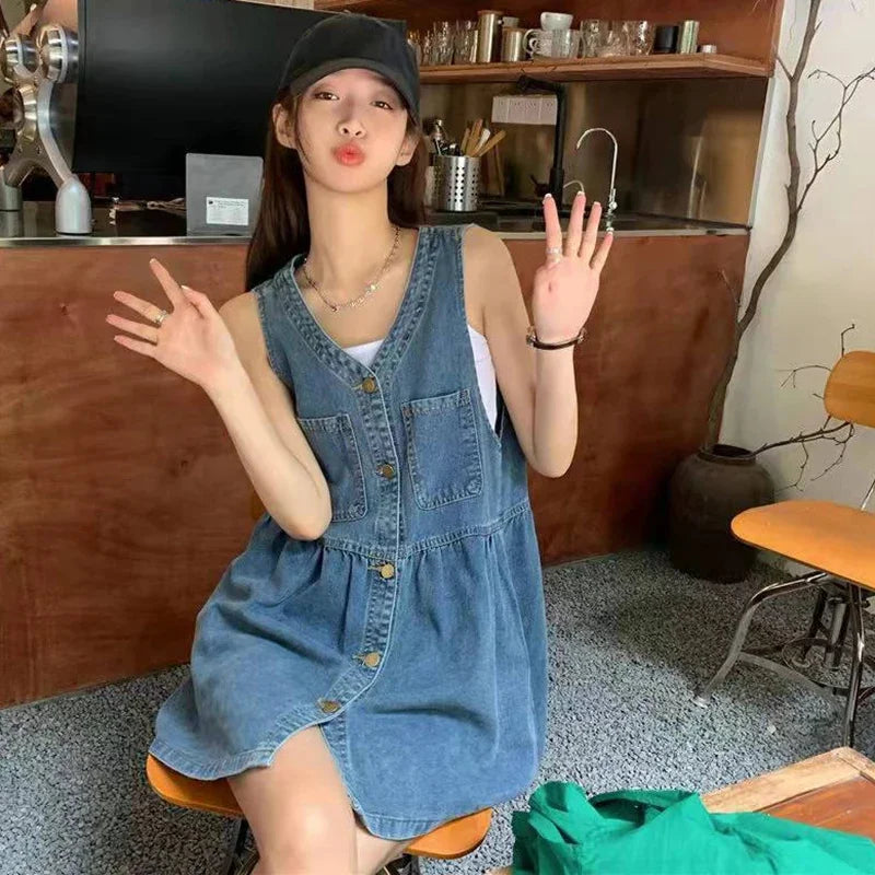 Sleeveless Strap Dress Women Summer Single-Breasted Pockets Denim Dresses Woman Korean Style Loose A Line Mini Dress