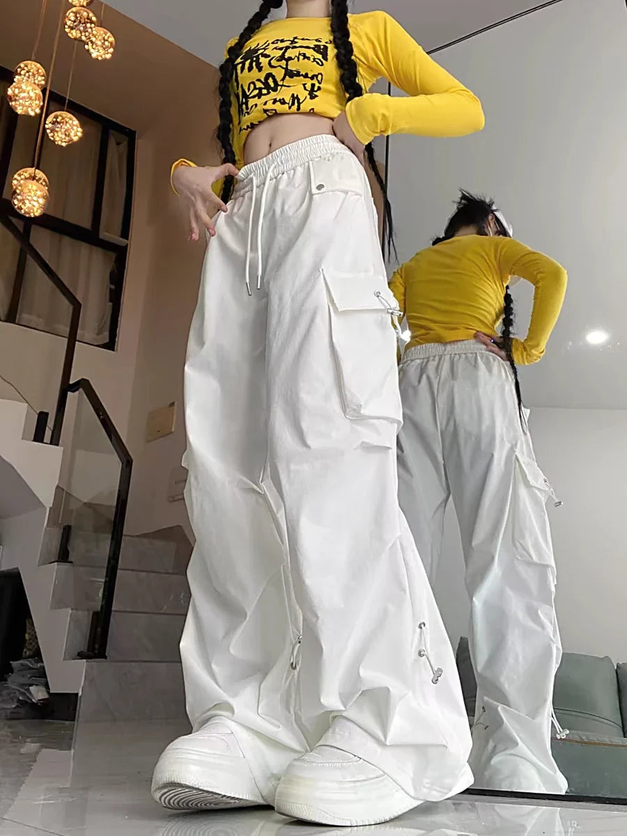2024 American style large pocket cargo pants women's spring summer new style wide leg pants loose slimming casual sports pants