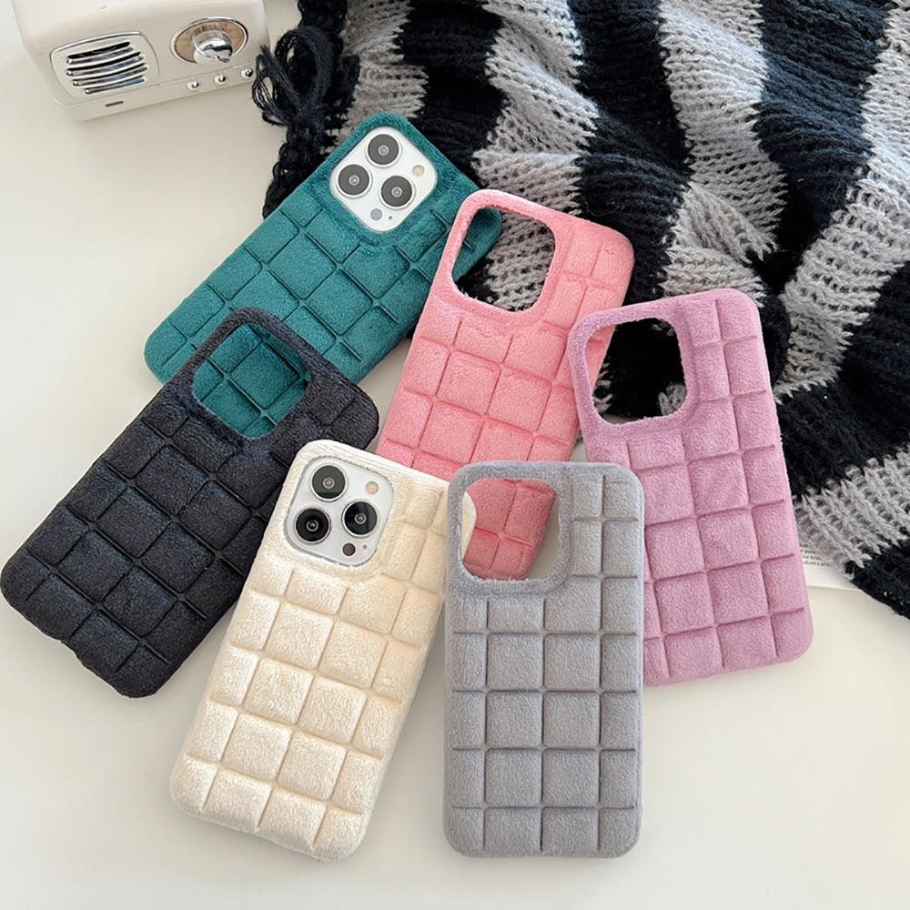 Fashion Fur Winter Warm Plush Square Lattice Solid Color Phone Case For iPhone 14 13 12 11 Pro Max Plus Fluffy Back Cover Case Silicon Soft Fluffy Furry Shockproof Protective Phone Case for iPhone by Stevvex