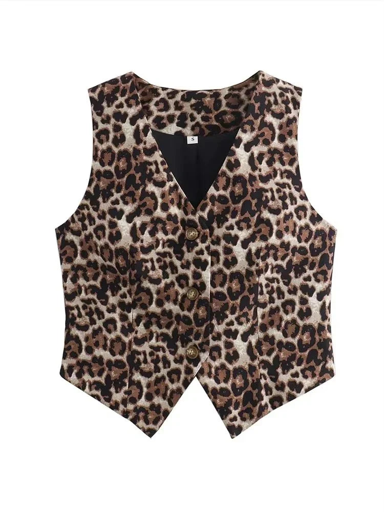 Women's Vest 2025 Fashion Leopard Summer V-Neck Single-breasted Vest Top Ladies Casual Cropped Sleeveless Coat New In Vests