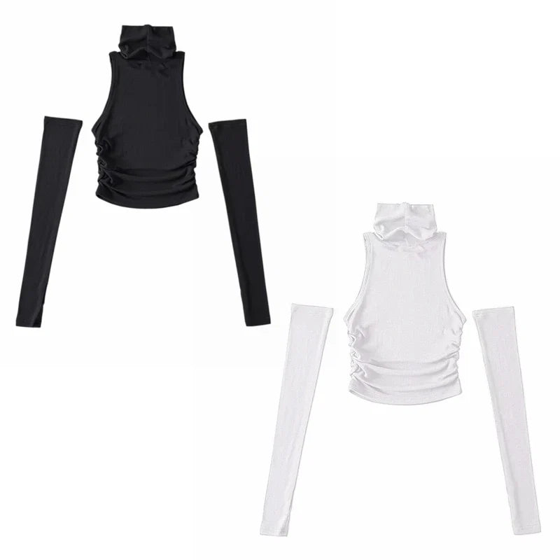 Woman Clothes Fall 2025 Tank Top Sleeve Cover Sleevless Side Pleats Turtleneck T-shirt  Sexy Ribbed Knitted Tops Y2k 2529
