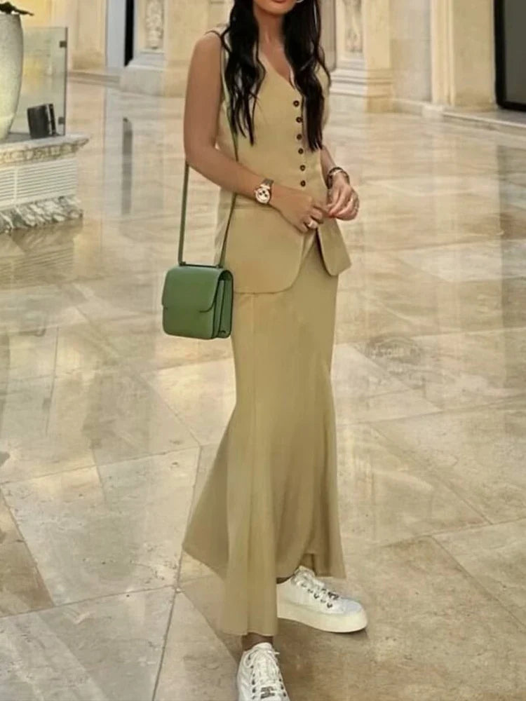 HH Women 2024 Fashion Summer Vest Skirt Sets Khaki V-Neck Sleeveless Pockets Waistcoats+High Waist Asymmetrical Skirt Suits
