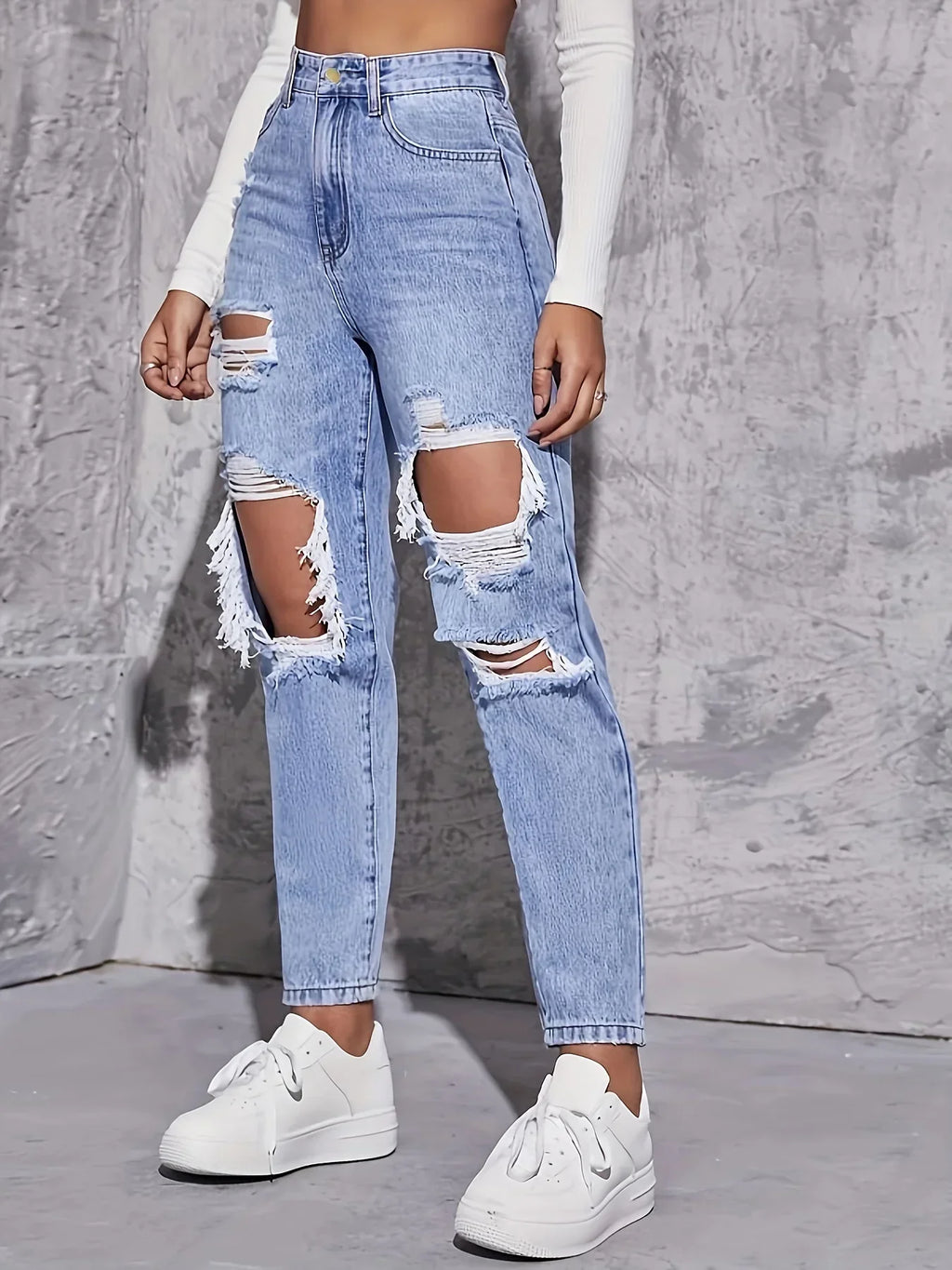 CPSYMYM American Retro Hole-punched Jeans Women High Waist Straight-crotch Loose Slim Design High-street Vibe Wide-legged Draggi