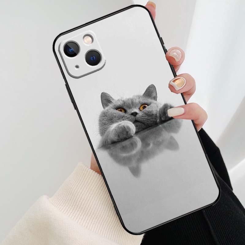 Beautiful Grey British Shorthair Cat Case For iPhone 12 13 Mini 13 11 12 14 Pro Max XS X XR 6S 7 8 Plus SE 2020 Silicone Cover Silicone Soft Black Moon Smooth Print Design by Stevvex
