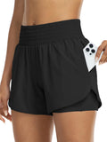 Women's high-waisted athletic shorts for running, yoga, layered design, anti-exposure, fitness, and workout with pockets