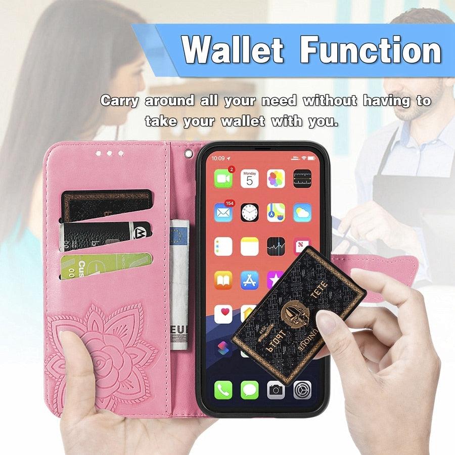 Luxury Pink Butterfly Flower Wallet Flip Case For iPhone 14 Pro Max 13 12 Classic Simple Leather Wallet Case with Card Holder Kickstand Wrist Strap Flip Cover for iPhone by Stevvex