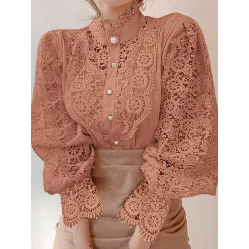 New Women's Long Sleeve High Neck  Chic Blouse, Lace Paneled Hollow Sleeve Elegant Top, Vintage Fashion Office Lady Outfits