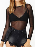 Hot New  Spring Summer Womens Long Sleeve Sexy Black Mesh Top T Shirts Transparent Punk Club Streetwear Tees Beach Tops