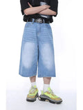 Harajuku Vintage High Waist Black Retro Washed Denim Shorts Women's Fashion Casual Loose Fit Y2K Streetwear Mid Long Short