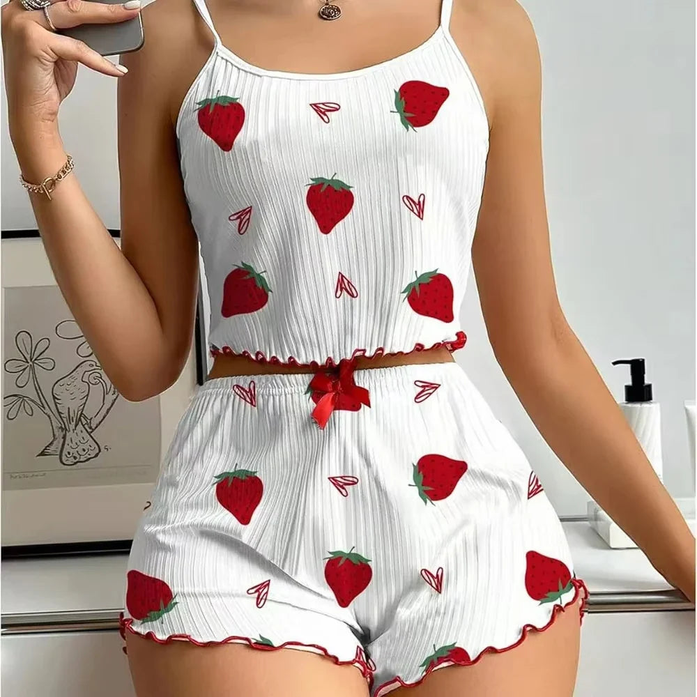 Women's Strawberry Print Ribbed Knit Ice Silk Camisole Pajama Set Comfortable Two-Piece Sleepwear for Summer
