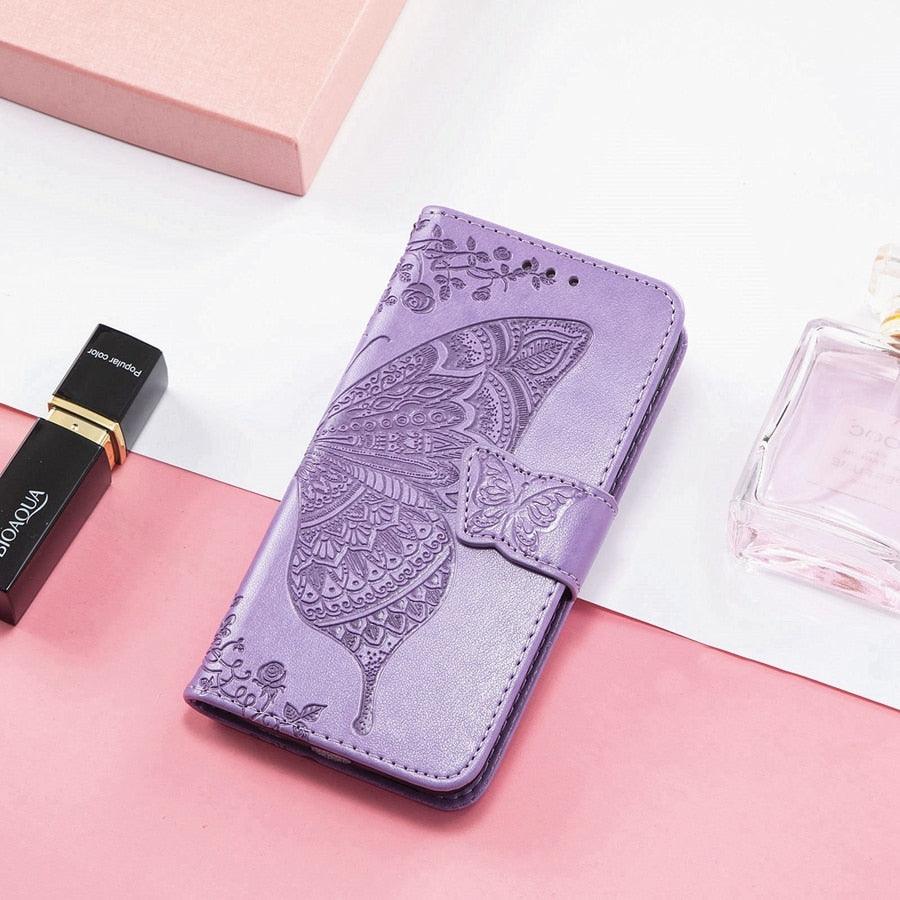 Luxury Pink Butterfly Flower Wallet Flip Case For iPhone 14 Pro Max 13 12 Classic Simple Leather Wallet Case with Card Holder Kickstand Wrist Strap Flip Cover for iPhone by Stevvex
