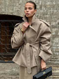 Solid Lapel Lace Up Trench Coat Women Fashion Full Sleeve Waist Cinching Short Windbreak New Autumn Office Commute Outwear 2026