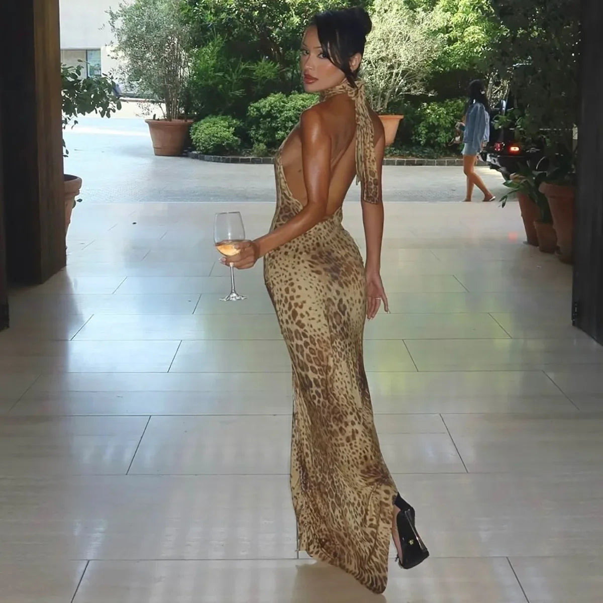 Cryptographic Fashion Halter Leopard Sexy Backless Maxi Dress Women Club Outfits Bandage Embellished Long Dresses Robe Clothes