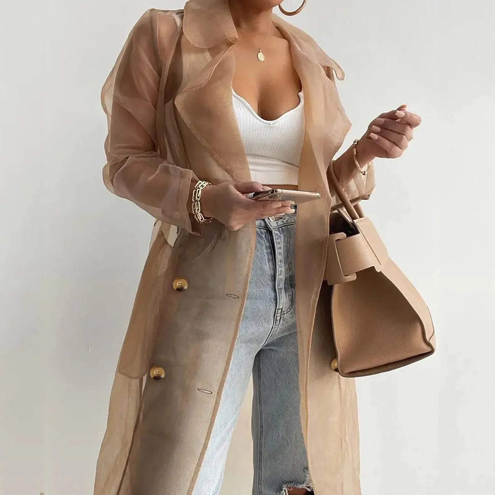 Women Organza See Though Sunscreen Long Sleeve Trench Summer Autumn Fashion Double Breasted Long Coat With Belted Tops Outwear