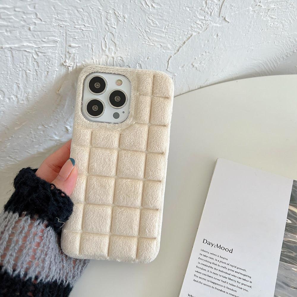 Fashion Fur Winter Warm Plush Square Lattice Solid Color Phone Case For iPhone 14 13 12 11 Pro Max Plus Fluffy Back Cover Case Silicon Soft Fluffy Furry Shockproof Protective Phone Case for iPhone by Stevvex