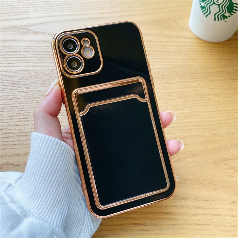 Luxury Plating Silicone Card Slot Holder Case For iPhone 14 12 13 Pro Max Elegant Women Soft Wallet Shockproof Cover Soft Bumper Beautiful Shiny Color Smartphone Case For Women by Stevvex