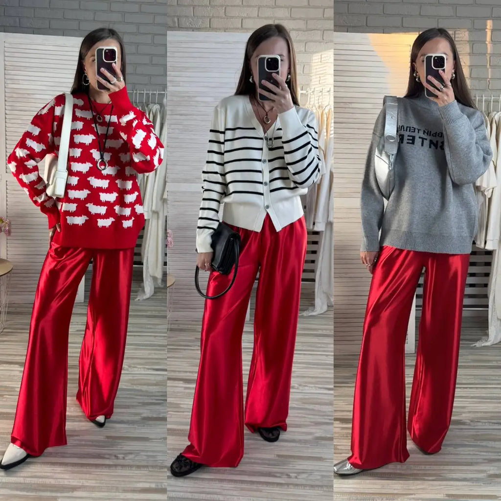 Satin Wide Leg Pants Long Floor Casual Pants Women's Summer