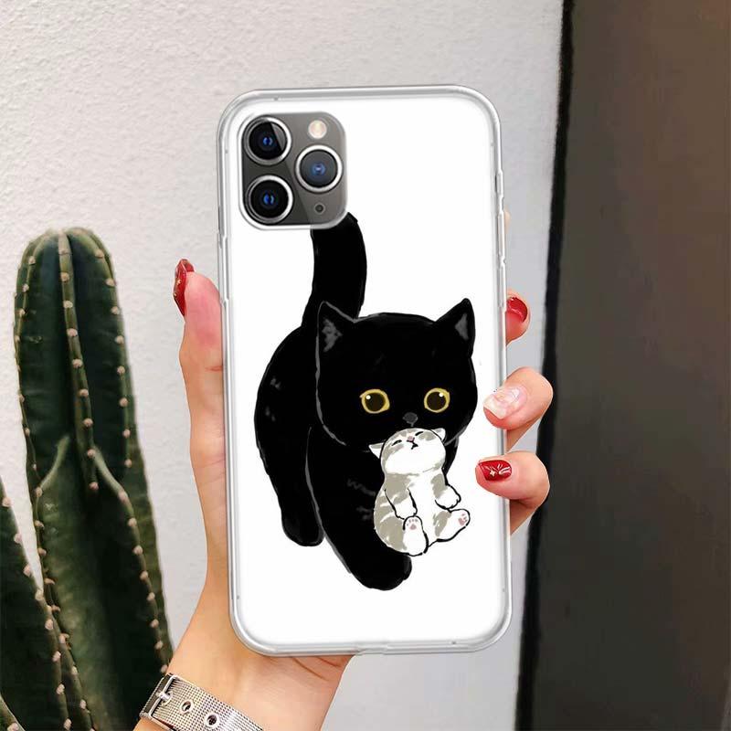 Black Cat Cartoon Cute For Iphone 11 13 14 Pro Max 12 Mini Phone Case X Xs Xr 6 6s 8 7 Plus Se 5 5s Cover Cute Funny Aesthetic Cat Design Pattern Silicone Soft Phone Case by Stevvex