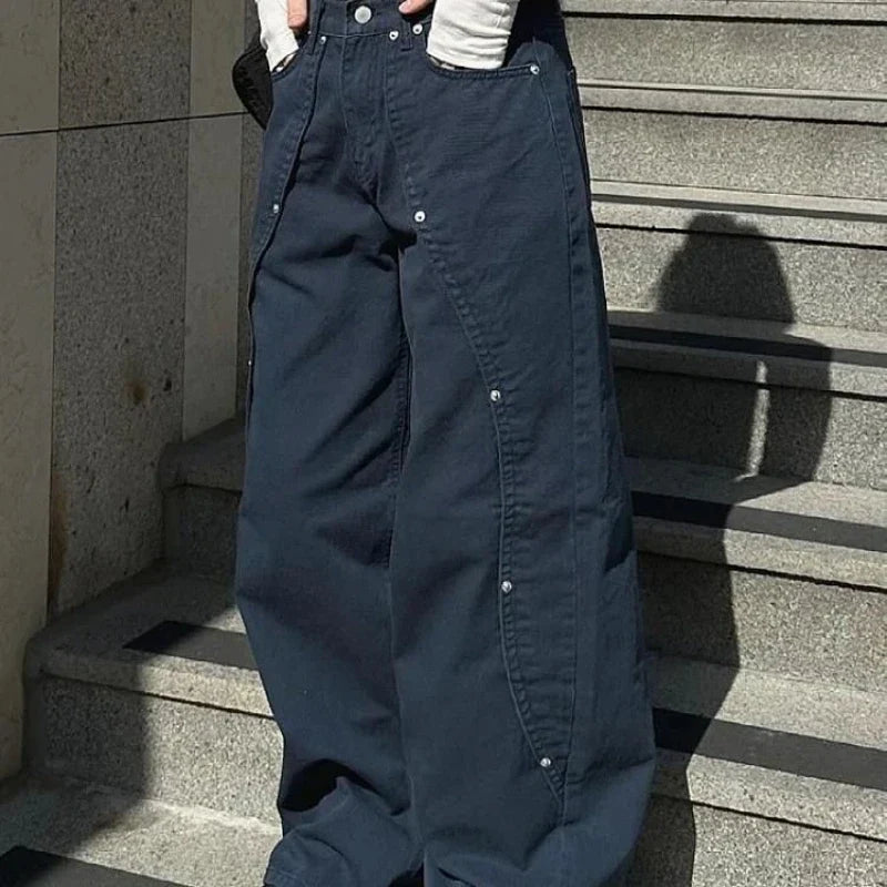Jeans for Woman Y2k Clothes Relaxed Loose Fit Wide Leg Trousers Vintage American Retro Style with Rivet Patchwork Split Design