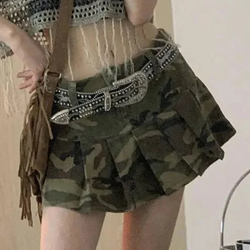 Pleated Skirts for Women American Style Vintage Clothing Summer Camouflage High Street Fit Students All-match Young Sexy Chic