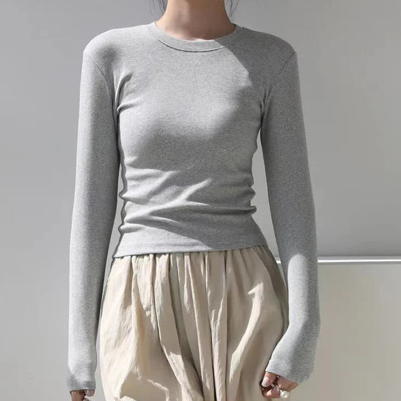 Cotton O Neck Long Sleeve Shirt Women Sexy Cropped Tops 2026 Autumn Black Casual Skinny Slim Basic Woman T Shirts White Clothing