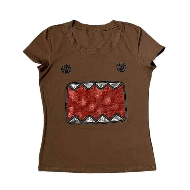 summer new women Y2K Girl Retro Hot Fix Rhinestone Application Round Neck Top T-shirt Funny Vintage Tama Jun Top