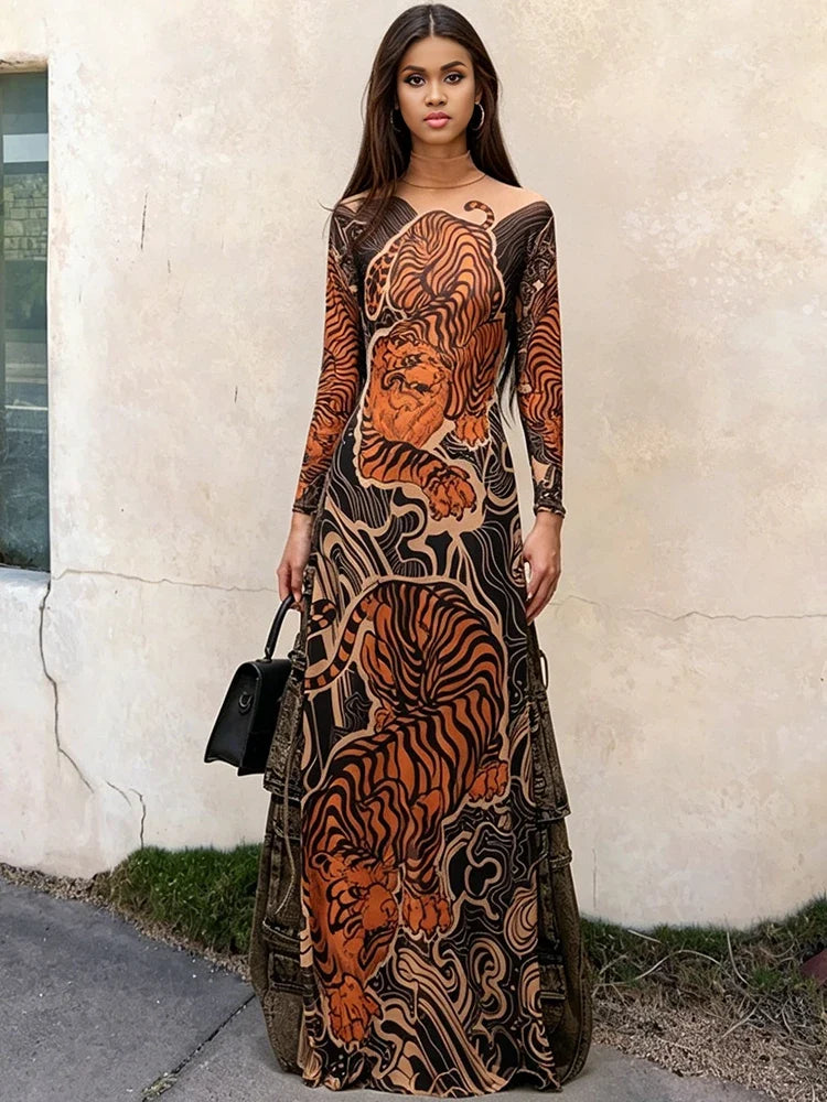 Weird Puss See Through T-Shirts Women Tiger Print Long Sleeve High Neck High Slits High Elastic Skinny Trend Street Hipster Tops