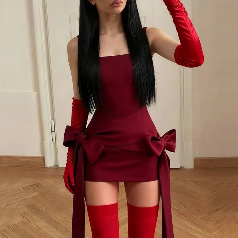 BKLD Fashion Red Bowknot Mini Dress Straps Square Collar Sleeveless Backless Vintage Cute Ladies Slim Party Short A-line Dresses