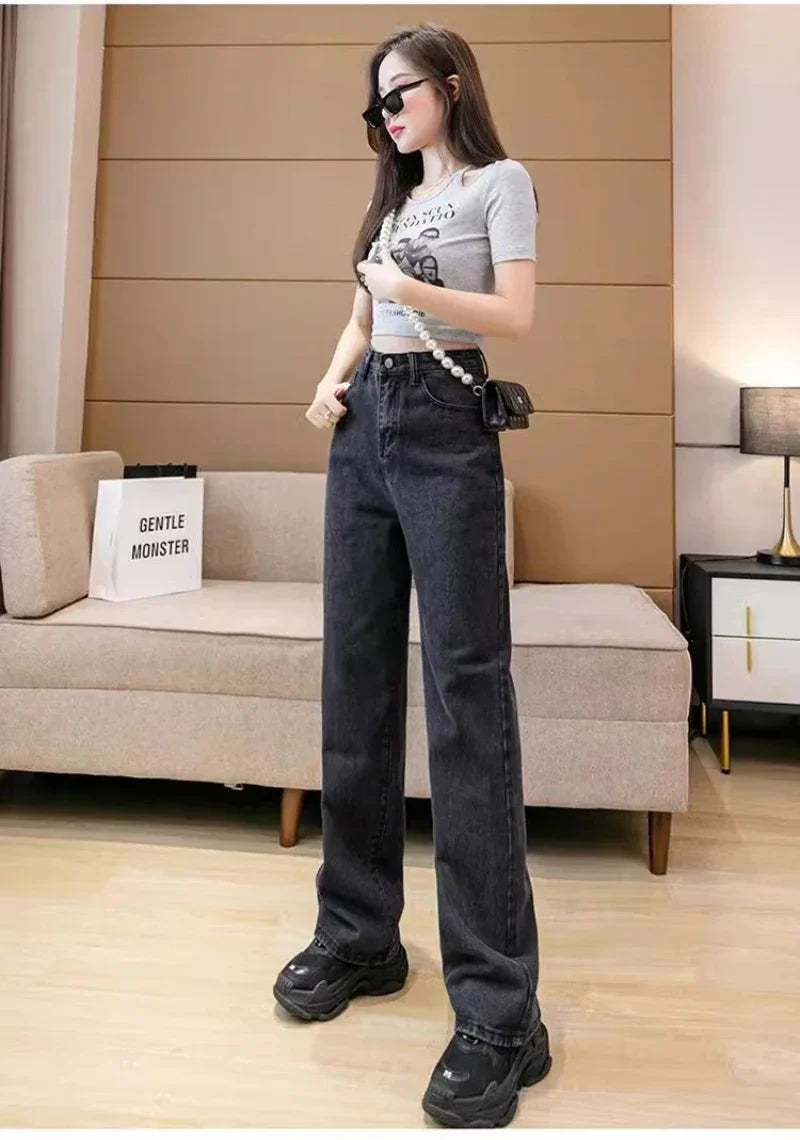 New Design Sense Women's Loose Denim Pants Retro Straight Leg Pants Fashionable Solid Color Loose Casual Wide Leg Pants