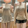 Sexy Thin See Through Long sleeve Oversize T shirt Women Bandage Off shoulder Top Female Basic Long Tees Korean Chic Lady New