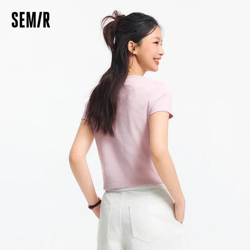 Semir Short Sleeve T-Shirt Women Cropped Petite-Friendly Elegant 2025 New Summer Embroidered Slim Fit Cardigan Versatile