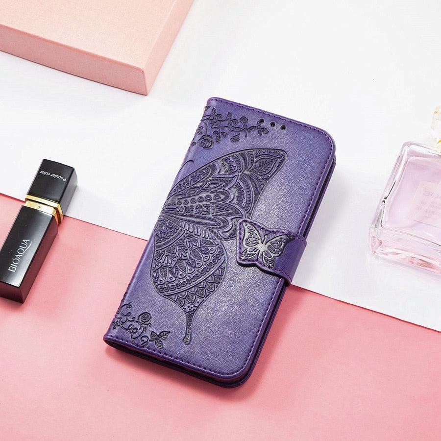 Luxury Pink Butterfly Flower Wallet Flip Case For iPhone 14 Pro Max 13 12 Classic Simple Leather Wallet Case with Card Holder Kickstand Wrist Strap Flip Cover for iPhone by Stevvex