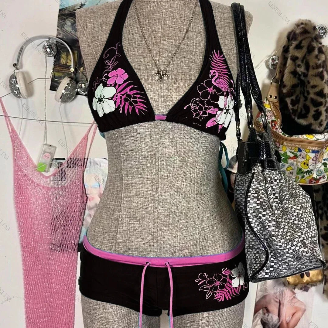Vintage Flower print Cutie 2 set Bikini 2000s Swimsuit Sexy Women Bathing Fashion Halter Strap Swimwear High Street Beach Female