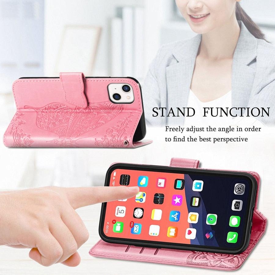 Luxury Pink Butterfly Flower Wallet Flip Case For iPhone 14 Pro Max 13 12 Classic Simple Leather Wallet Case with Card Holder Kickstand Wrist Strap Flip Cover for iPhone by Stevvex