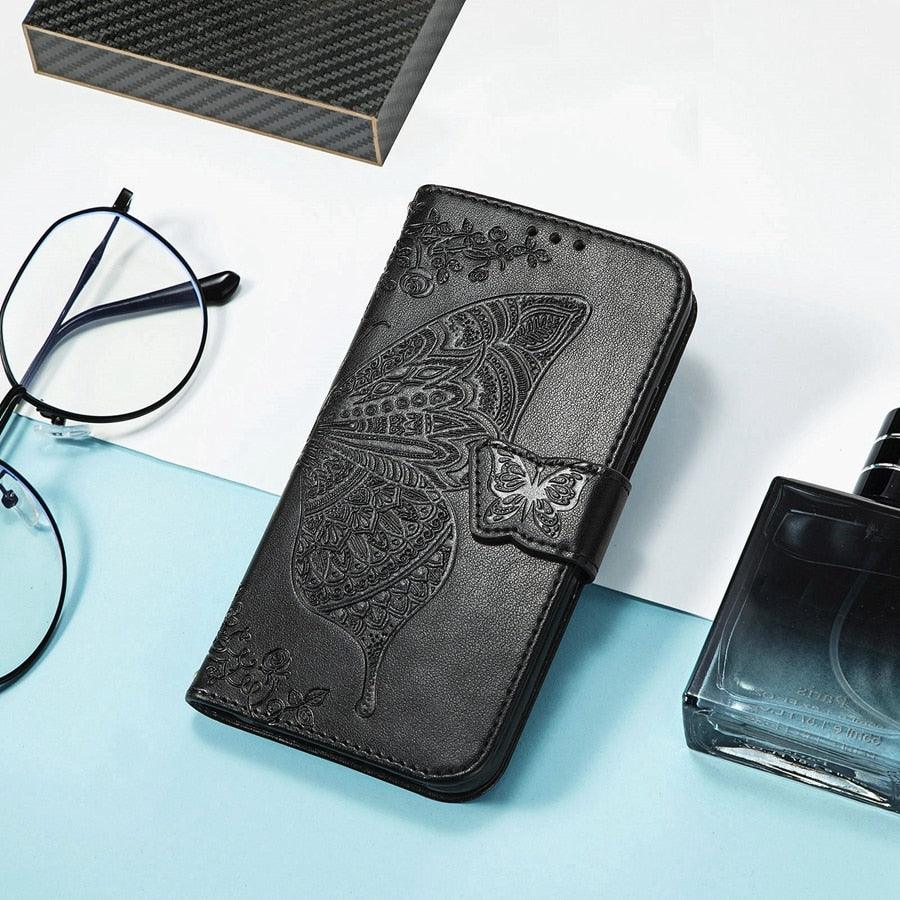 Luxury Pink Butterfly Flower Wallet Flip Case For iPhone 14 Pro Max 13 12 Classic Simple Leather Wallet Case with Card Holder Kickstand Wrist Strap Flip Cover for iPhone by Stevvex