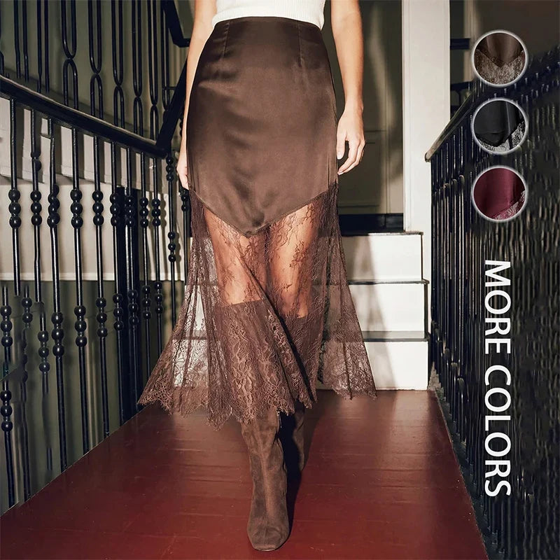 Women Patchwork Lace Skirts 2026 New Vintage High Waist Slim Hollow Out Maxi Skirts Autumn Brown Fashion Party Club Boho Skirt