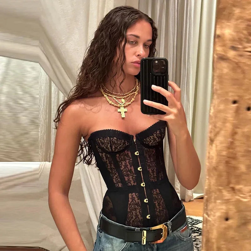 Sexy Slim Fit Corset Lace Hollow Out Sleeveless Strapless Top Lace Up Slim Fit Tops 2026 Summer Women Street Trendy Vest