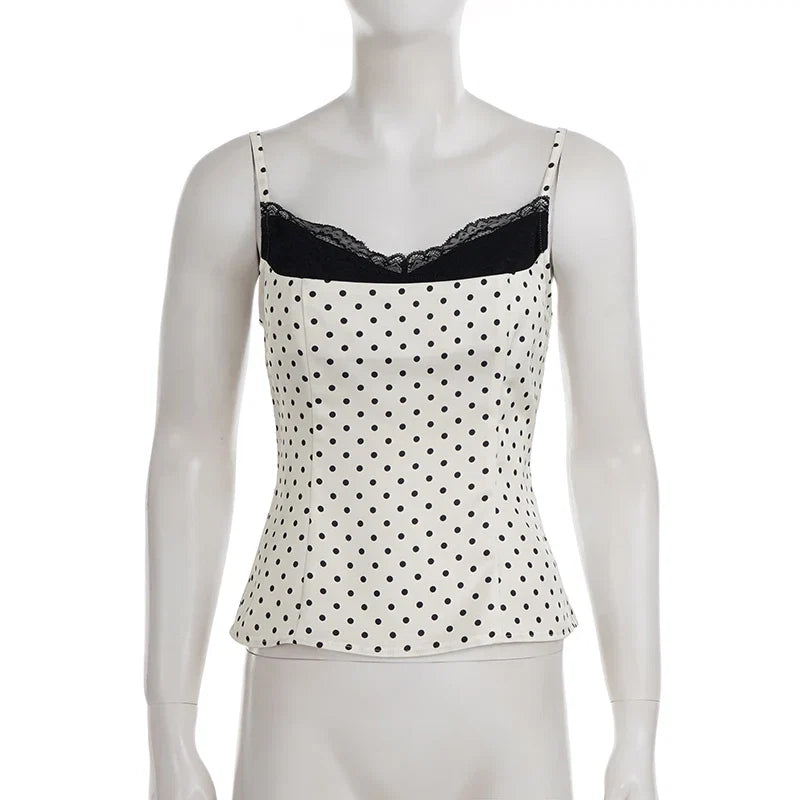 SUCHCUTE Chic Lace Patchwork Polka Dot Camis Tops Elegant Sleeveless Tank Tops Summer Casual Daily Wear Streetwear Camisole 2026