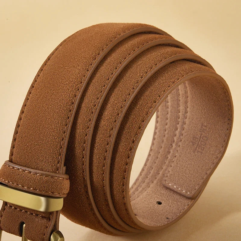 Luxury Suede Cowhide Leather Belt for Women, Vintage Style with Gold Buckle, 3.5cm Wide Waistband for Dresses & Jeans 2042