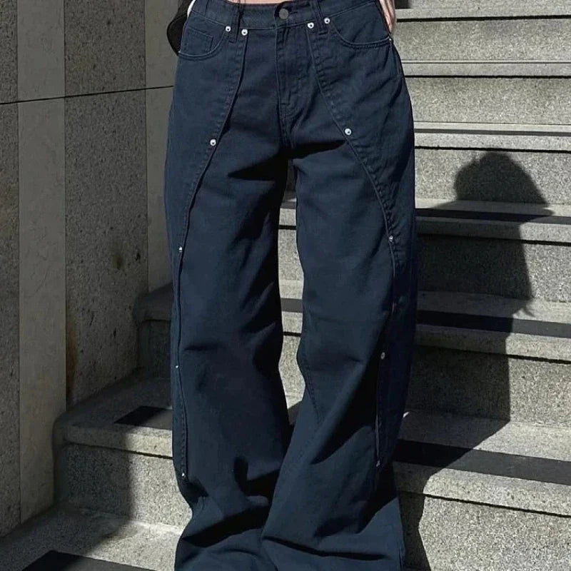 Jeans for Woman Y2k Clothes Relaxed Loose Fit Wide Leg Trousers Vintage American Retro Style with Rivet Patchwork Split Design