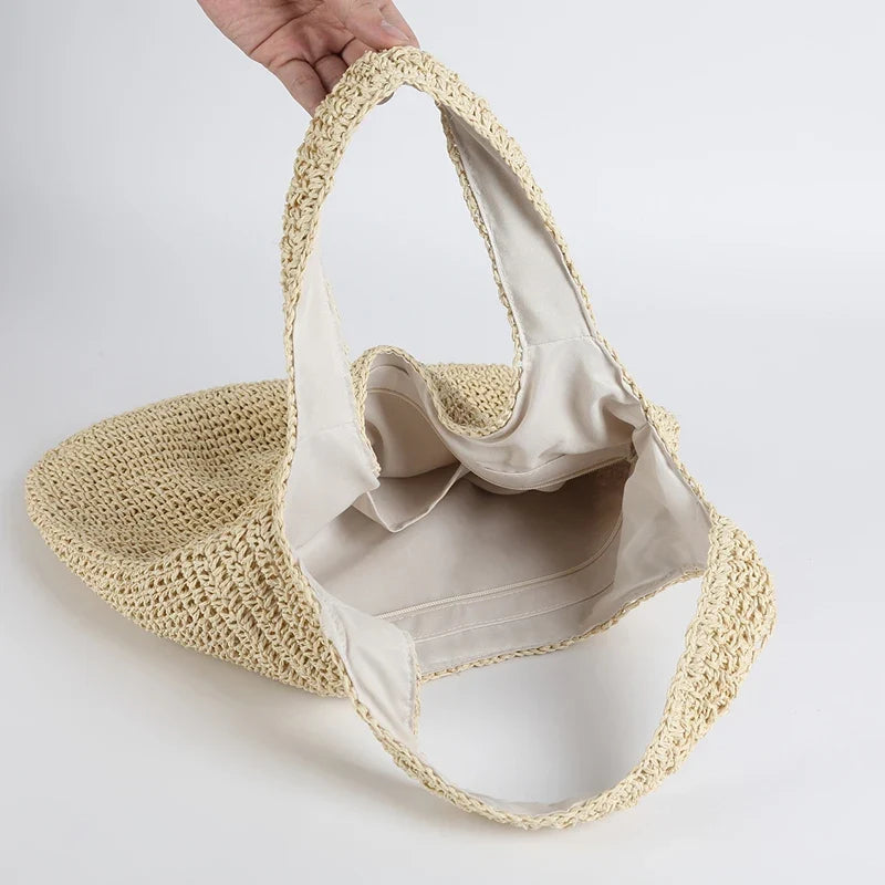 Summer Beach Resort Fashion Straw-Woven Ladies Large-Capacity Shoulder Bag WIth Hand-Woven Beach