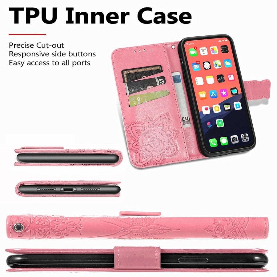 Luxury Pink Butterfly Flower Wallet Flip Case For iPhone 14 Pro Max 13 12 Classic Simple Leather Wallet Case with Card Holder Kickstand Wrist Strap Flip Cover for iPhone by Stevvex