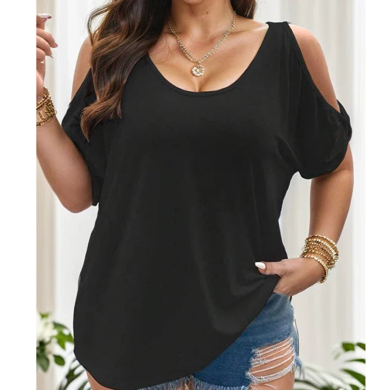 Pullover loose casual strapless solid color women's t-shirt