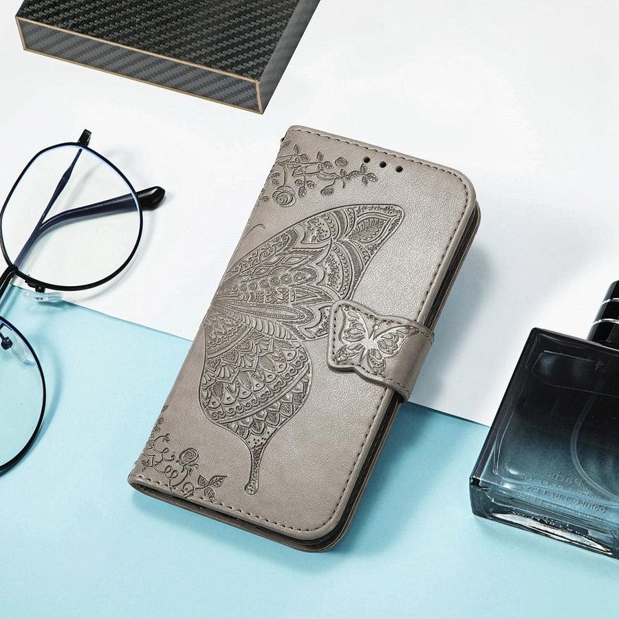 Luxury Pink Butterfly Flower Wallet Flip Case For iPhone 14 Pro Max 13 12 Classic Simple Leather Wallet Case with Card Holder Kickstand Wrist Strap Flip Cover for iPhone by Stevvex