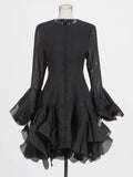 TWOTWINSTYLE Solid Long Dresses For Women Round Neck Flare Sleeve High Waist Slim A Line Spliced Ruffles Dress Female Fashion
